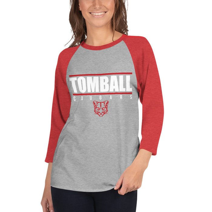 Woman wearing a Tomball High School Cougars Unisex 3/4 sleeve Raglan T-shirt 07