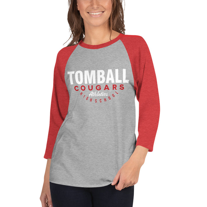 Woman wearing a Tomball High School Cougars Unisex 3/4 sleeve Raglan T-shirt 12