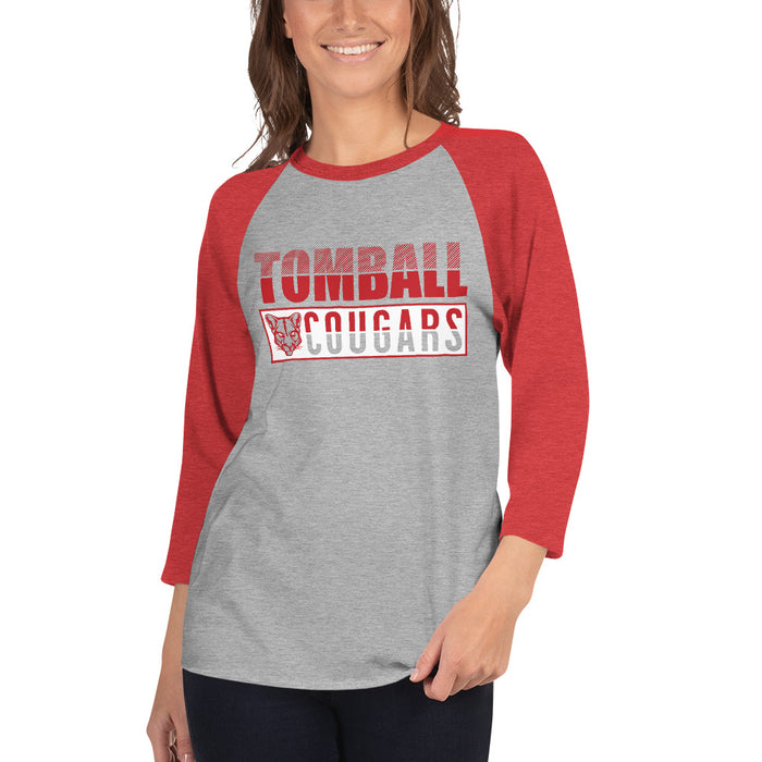 Woman wearing a Tomball High School Cougars Unisex 3/4 sleeve Raglan T-shirt 31