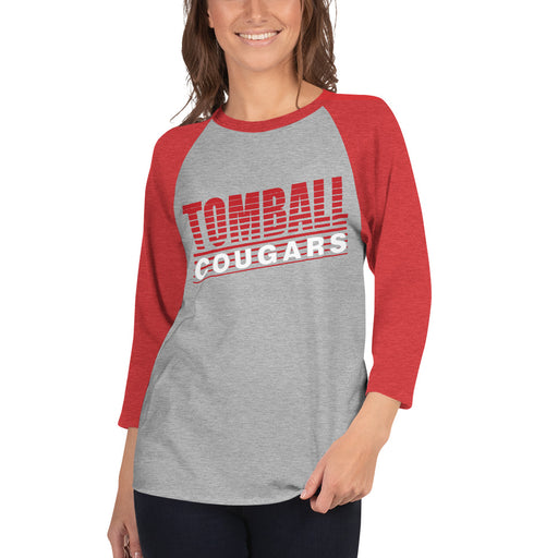 Woman wearing a Tomball High School Cougars Unisex 3/4 Sleeve Raglan T-shirt 01