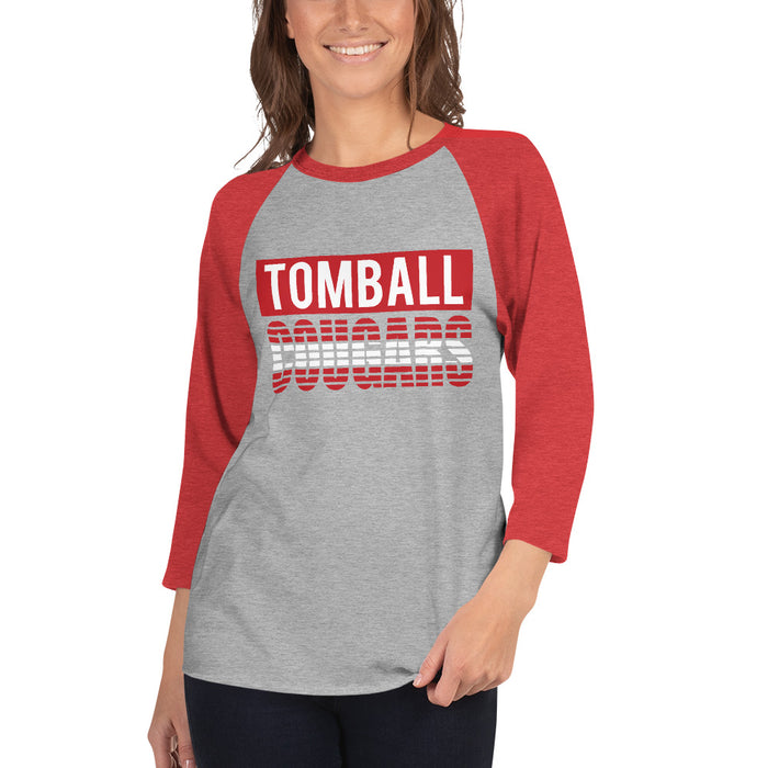 Woman wearing a Tomball High School Cougars Unisex 3/4 Sleeve Raglan T-shirt 35