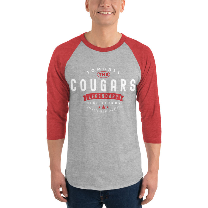 Man wearing a Tomball High School Cougars Unisex 3/4 Sleeve Raglan T-shirt 44