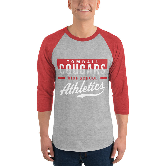 Man wearing a Tomball High School Cougars Unisex 3/4 Sleeve Raglan T-shirt 48