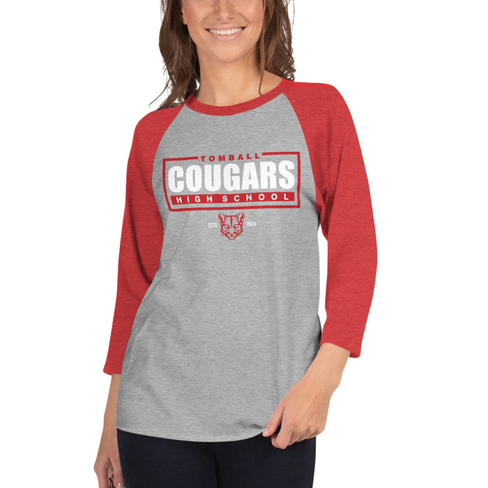 Woman wearing a Tomball High School Cougars Unisex 3/4 Sleeve Raglan T-shirt 49