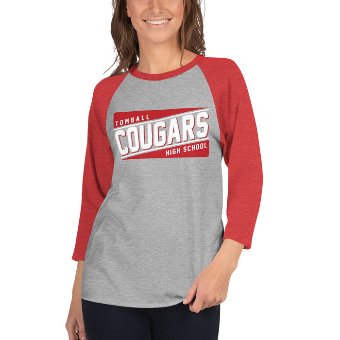 Woman wearing a Tomball High School Cougars Unisex 3/4 Sleeve Raglan T-shirt 84