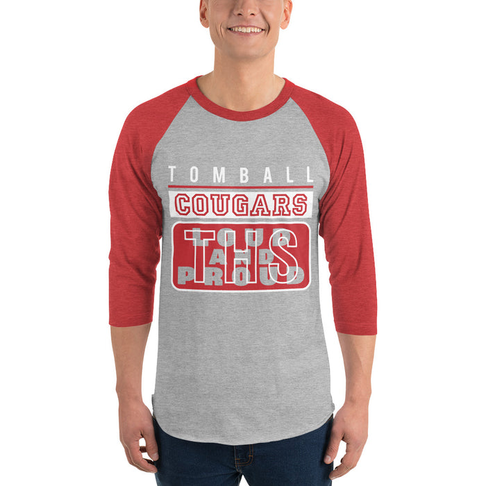 Man wearing a Tomball High School Cougars Unisex 3/4 Sleeve Raglan T-shirt 86