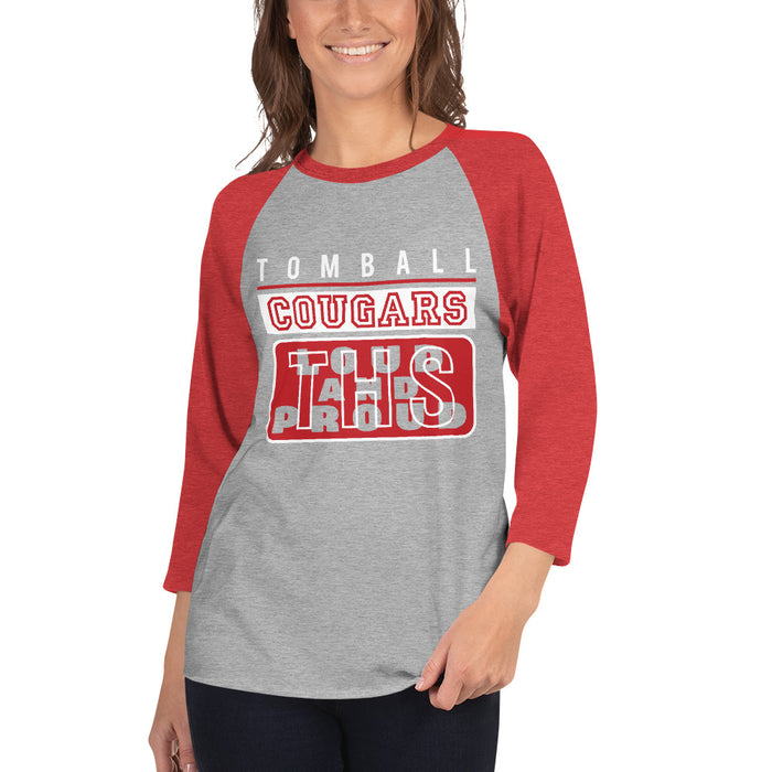 Woman wearing a Tomball High School Cougars Unisex 3/4 Sleeve Raglan T-shirt 86