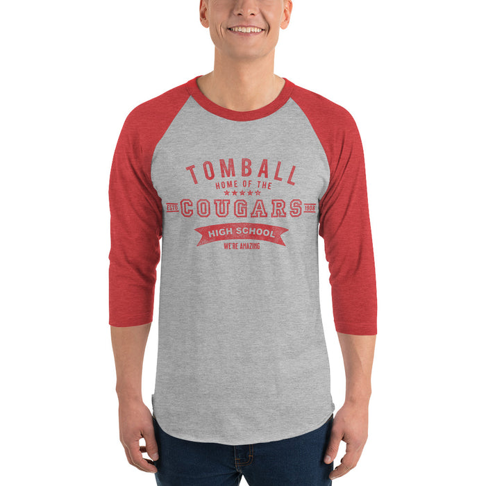 Man wearing a Tomball High School Cougars Unisex 3/4 Sleeve Raglan T-shirt 96