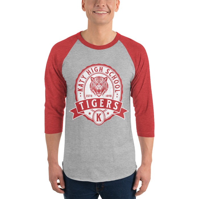 Man wearing a Katy High School Tigers Unisex 3/4 sleeve Raglan T-shirt 204