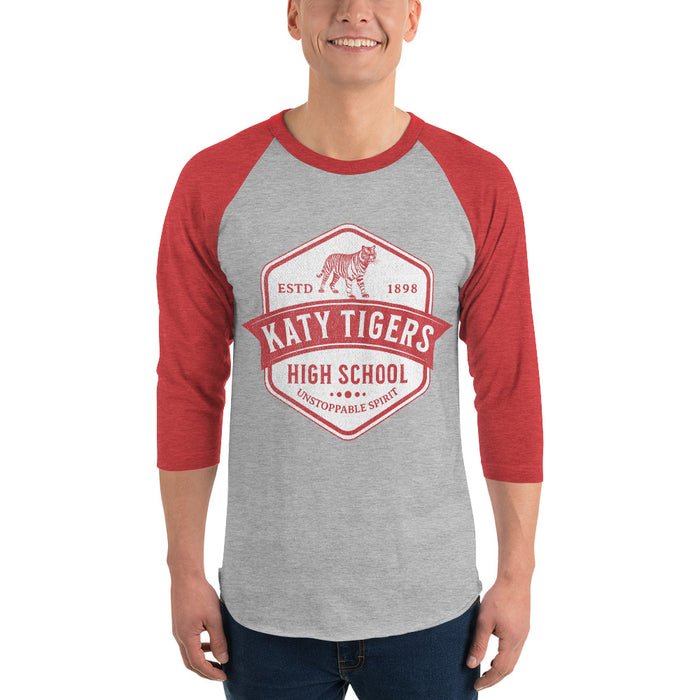 Man wearing a Katy High School Tigers Unisex 3/4 sleeve Raglan T-shirt 205