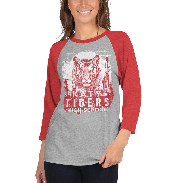 Woman wearing a Katy High School Tigers Unisex 3/4 sleeve Raglan T-shirt 207