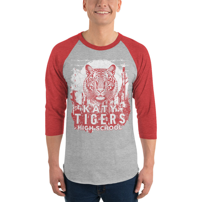 Man wearing a Katy High School Tigers Unisex 3/4 sleeve Raglan T-shirt 207