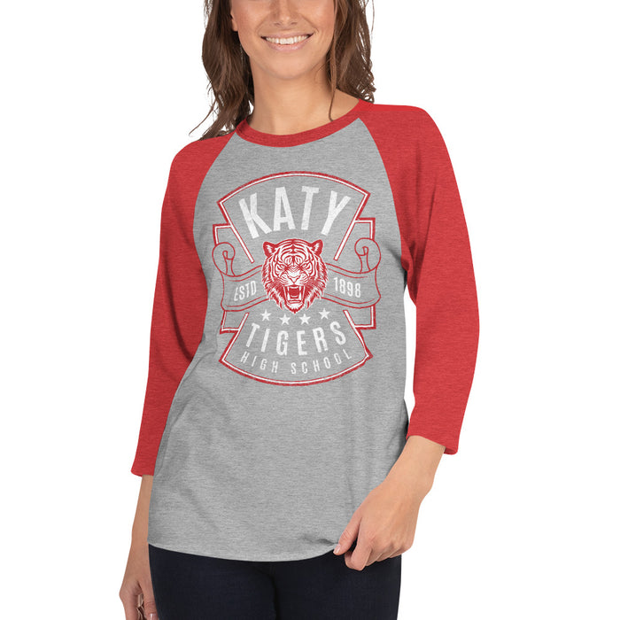 Woman wearing a Katy High School Tigers Unisex 3/4 sleeve Raglan T-shirt 208