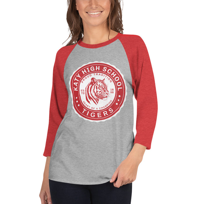 Woman wearing a Katy High School Tigers Unisex 3/4 sleeve Raglan T-shirt 209