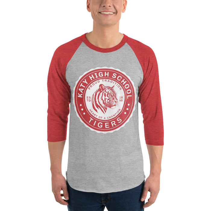 Man wearing a Katy High School Tigers Unisex 3/4 sleeve Raglan T-shirt 209