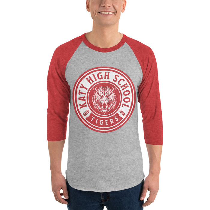 Man wearing a Katy High School Tigers Unisex 3/4 sleeve Raglan T-shirt 210