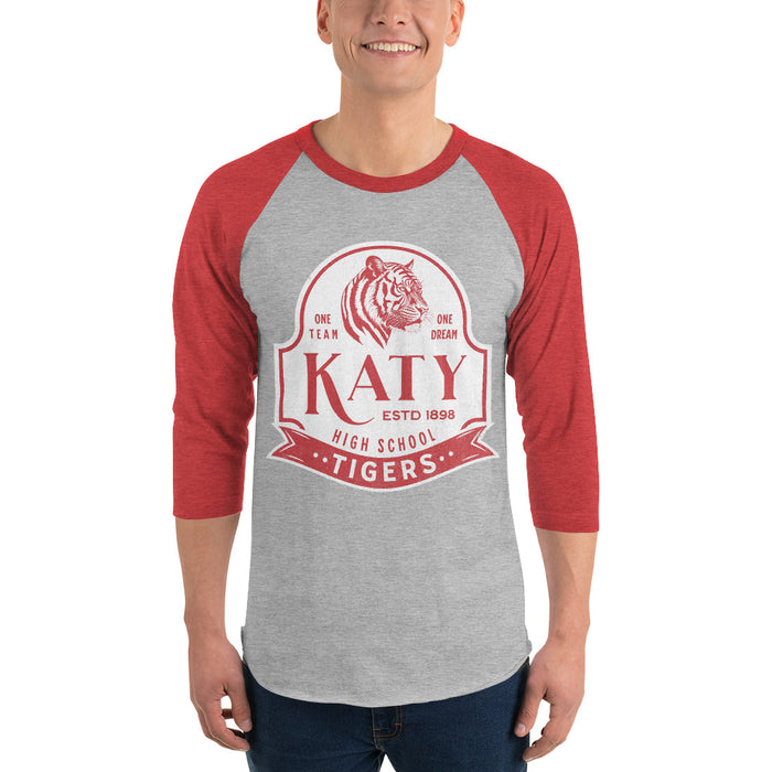 Man wearing a Katy High School Tigers Unisex 3/4 sleeve Raglan T-shirt 212