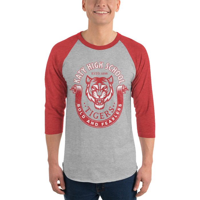 Man wearing a Katy High School Tigers Unisex 3/4 sleeve Raglan T-shirt 213