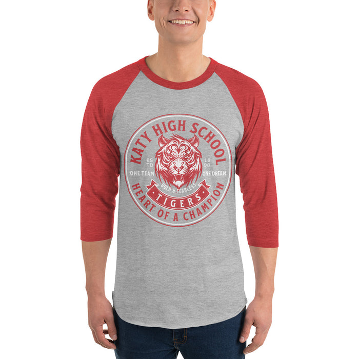 Man wearing a Katy High School Tigers Unisex 3/4 sleeve Raglan T-shirt 214