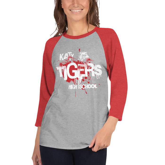 Woman wearing a Katy High School Tigers Unisex 3/4 sleeve Raglan T-shirt 215