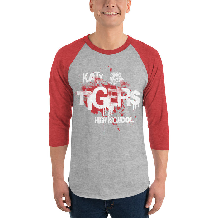 Man wearing a Katy High School Tigers Unisex 3/4 sleeve Raglan T-shirt 215