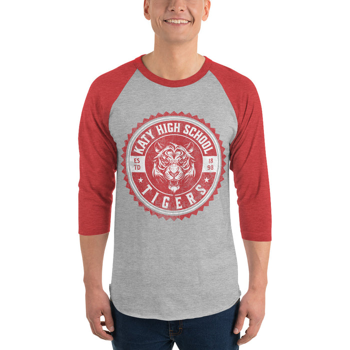 Man wearing a Katy High School Tigers Unisex 3/4 sleeve Raglan T-shirt 217