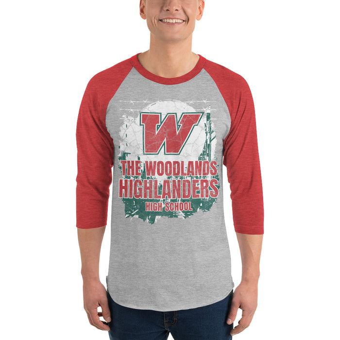 Man wearing The Woodlands High School Highlanders Unisex 3/4 sleeve Raglan T-shirt 201