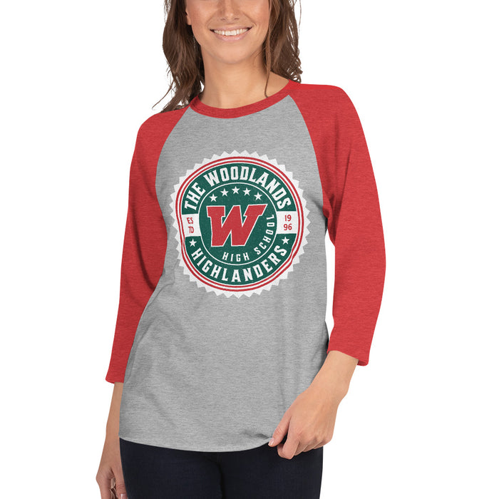 Woman wearing The Woodlands High School Highlanders Unisex 3/4 sleeve Raglan T-shirt 202