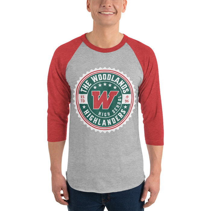 Man wearing The Woodlands High School Highlanders Unisex 3/4 sleeve Raglan T-shirt 202