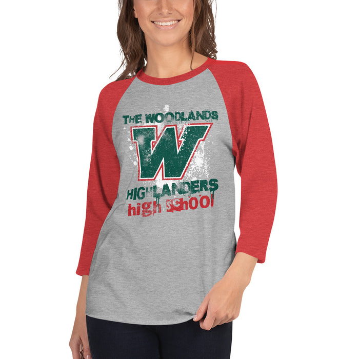 Woman wearing The Woodlands High School Highlanders Unisex 3/4 sleeve Raglan T-shirt 204