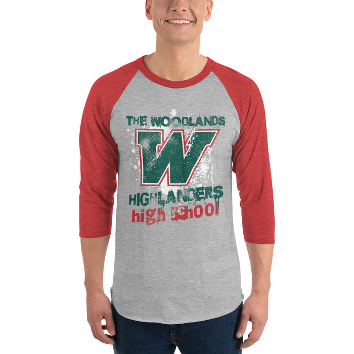 Man wearing The Woodlands High School Highlanders Unisex 3/4 sleeve Raglan T-shirt 204