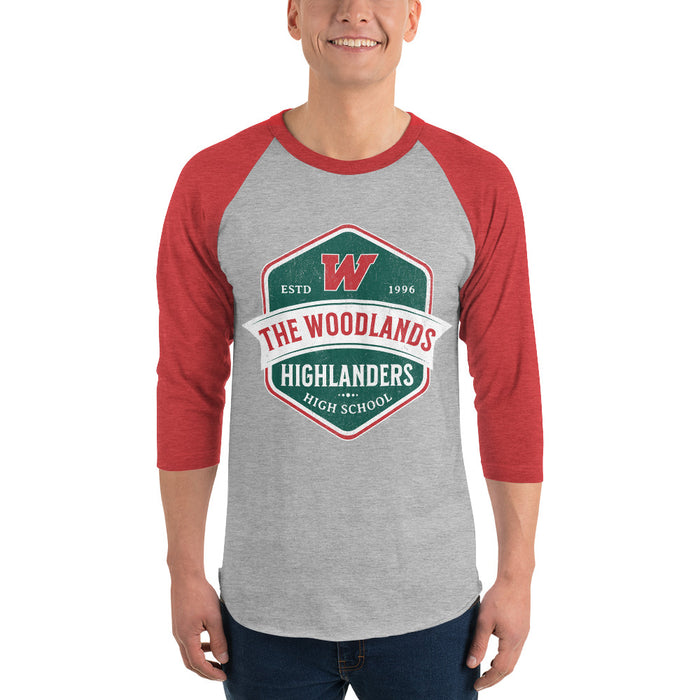 Man wearing The Woodlands High School Highlanders Unisex 3/4 sleeve Raglan T-shirt 206