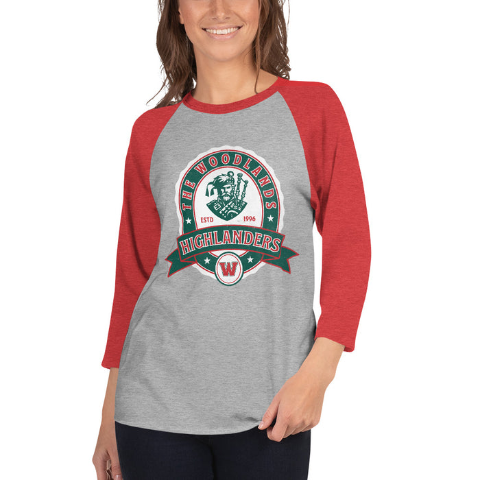 Woman wearing The Woodlands High School Highlanders Unisex 3/4 sleeve Raglan T-shirt 210