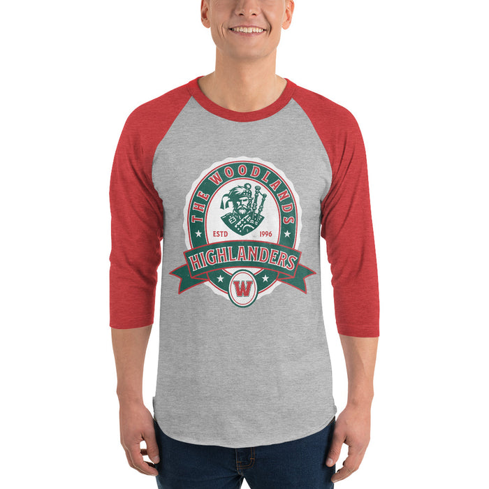 Man wearing The Woodlands High School Highlanders Unisex 3/4 sleeve Raglan T-shirt 210