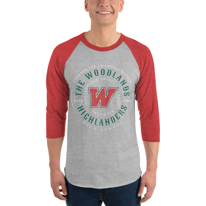 Man wearing The Woodlands High School Highlanders Unisex 3/4 sleeve Raglan T-shirt 213