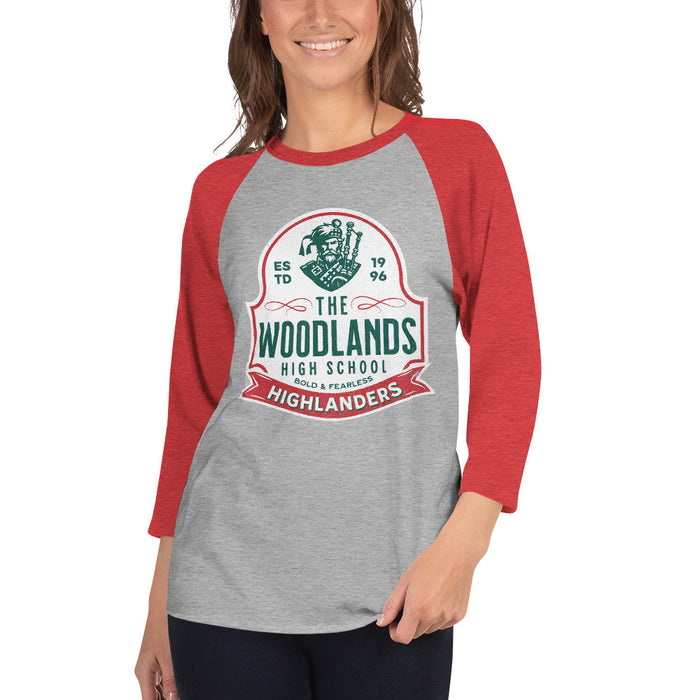 Woman wearing The Woodlands High School Highlanders Unisex 3/4 sleeve Raglan T-shirt 219