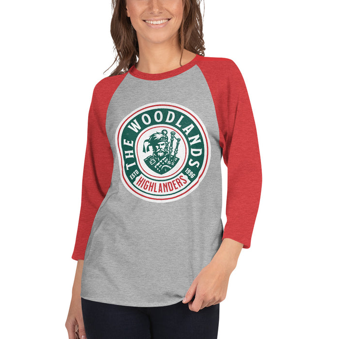 Woman wearing The Woodlands High School Highlanders Unisex 3/4 sleeve Raglan T-shirt 219