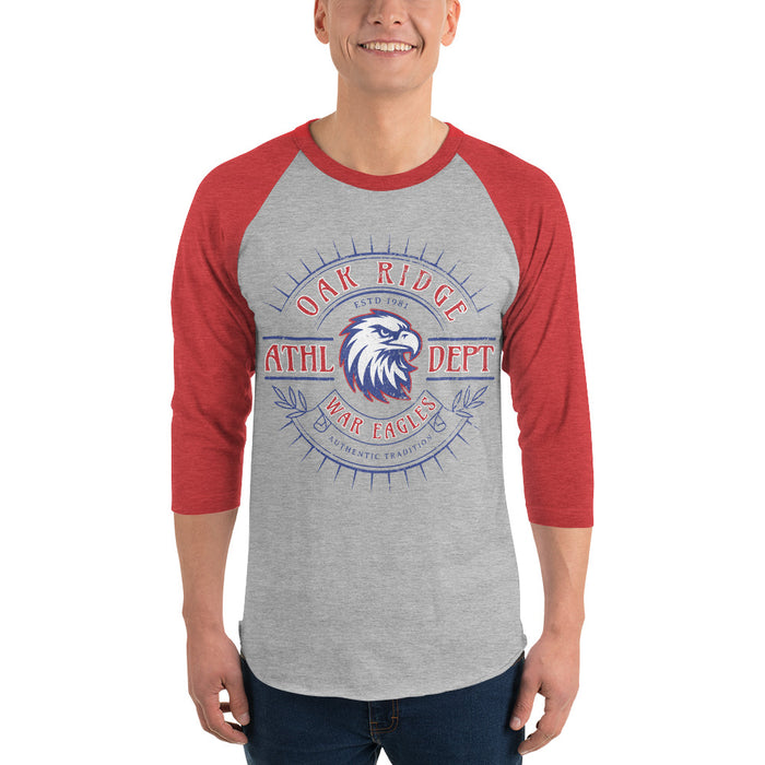 Man wearing Oak Ridge High School War Eagles Unisex 3/4 sleeve Raglan T-shirt 201