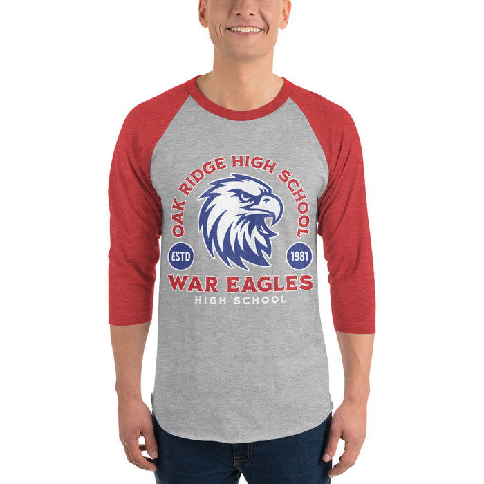 Man wearing Oak Ridge High School War Eagles Unisex 3/4 sleeve Raglan T-shirt 208