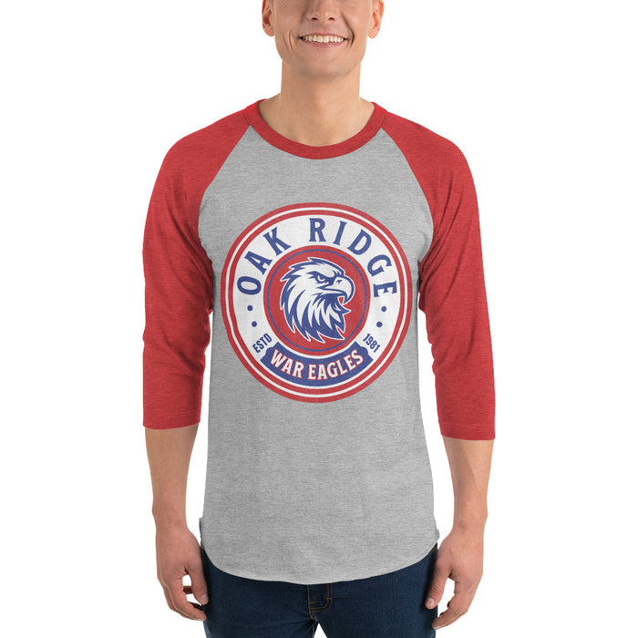 Man wearing Oak Ridge High School War Eagles Unisex 3/4 sleeve Raglan T-shirt 220