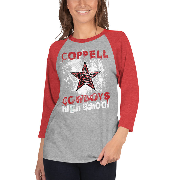 Woman wearing Coppell High School Cowboys Unisex 3/4 sleeve Raglan T-shirt 209