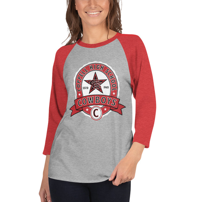 Woman wearing Coppell High School Cowboys Unisex 3/4 sleeve Raglan T-shirt 212