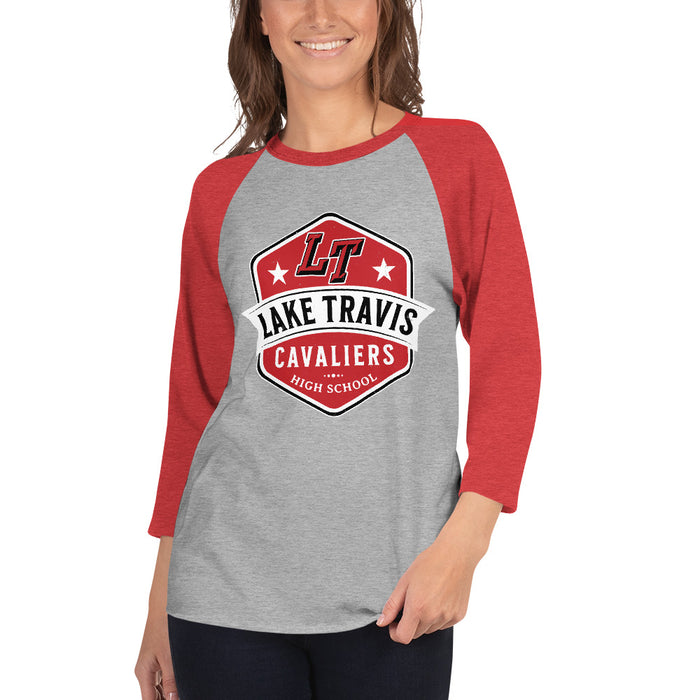 Woman wearing Lake Travis High School Cavaliers Unisex 3/4 sleeve Raglan T-shirt 209