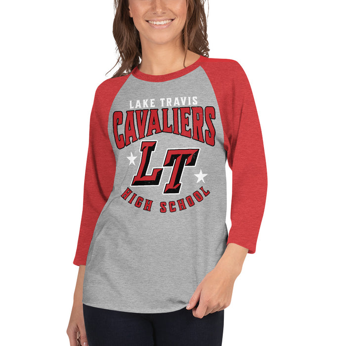 Woman wearing Lake Travis High School Cavaliers Unisex 3/4 sleeve Raglan T-shirt 213