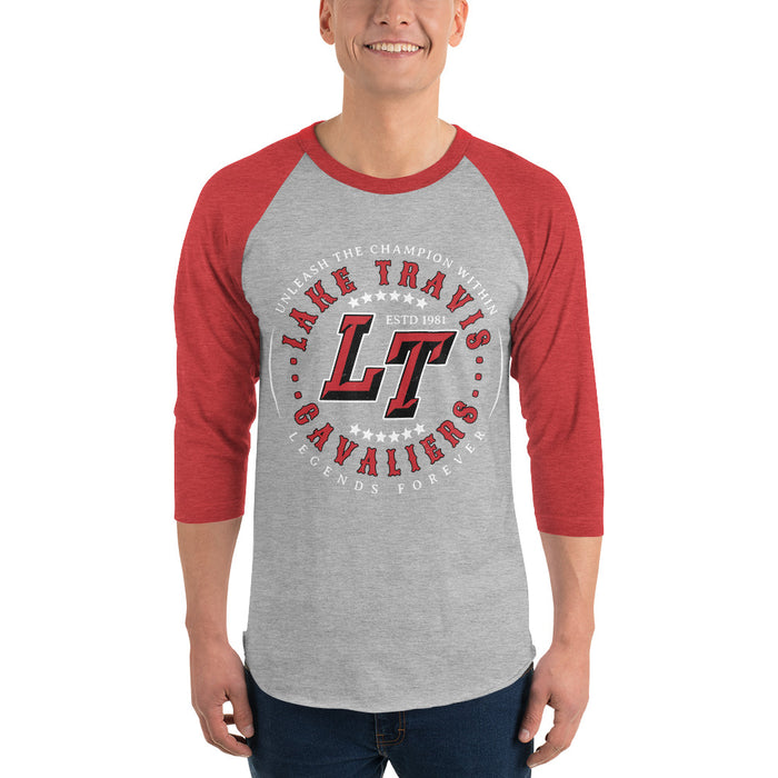 Man wearing Lake Travis High School Cavaliers Unisex 3/4 sleeve Raglan T-shirt 214