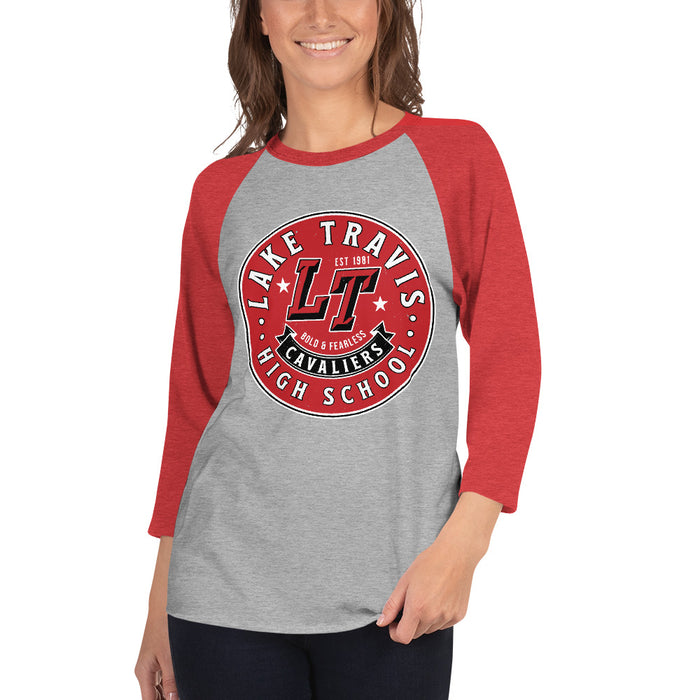 Woman wearing Lake Travis High School Cavaliers Unisex 3/4 sleeve Raglan T-shirt 215