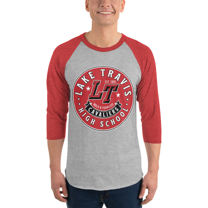 Man wearing Lake Travis High School Cavaliers Unisex 3/4 sleeve Raglan T-shirt 215