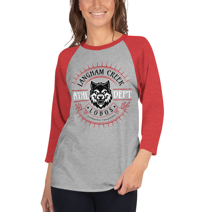 Woman wearing Langham Creek High School Lobos Unisex 3/4 sleeve Raglan T-shirt 201