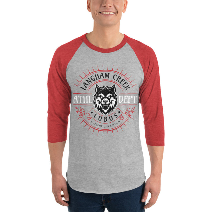 Man wearing Langham Creek High School Lobos Unisex 3/4 sleeve Raglan T-shirt 201