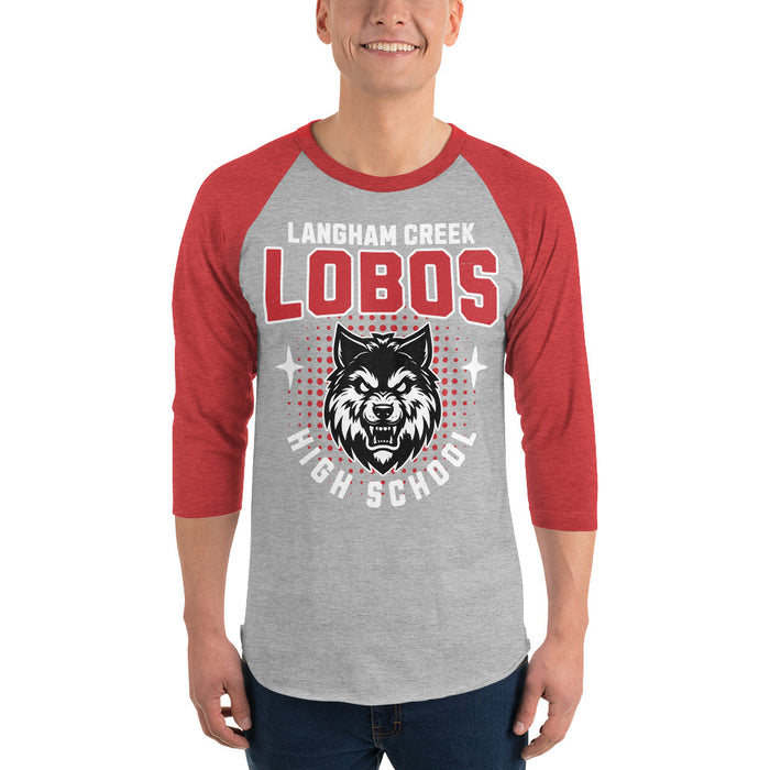 Man wearing Langham Creek High School Lobos Unisex 3/4 sleeve Raglan T-shirt 204